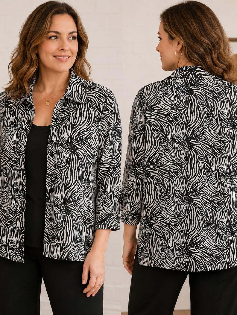 Rebecca Malone Petite PL Zebra Print Faux 2-Piece Top Blouse Jacket Modern Vinta